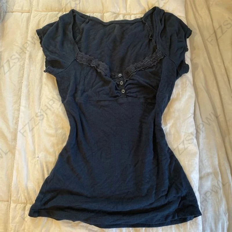 Corset Plaid Lace Ruffle Short Sleeve Shirt