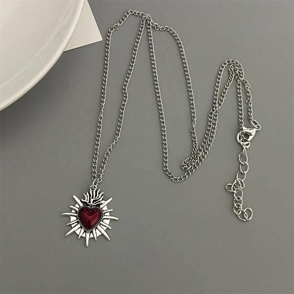Red Black Heart Pendant Chain Necklace Vintage Goth